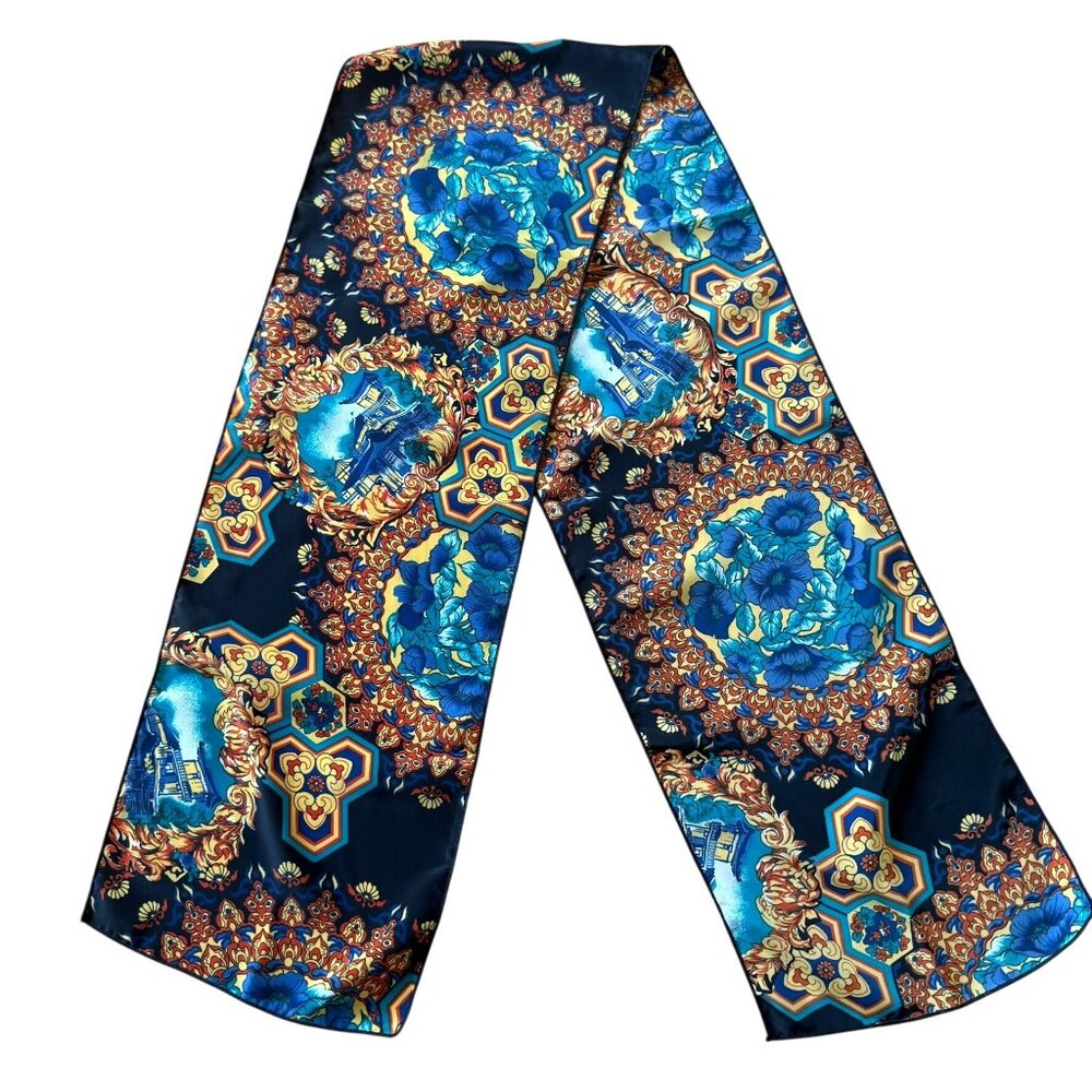 Asian Inspired Satin Scarf Pagoda Floral Medallion Design Elegant Art To Wear